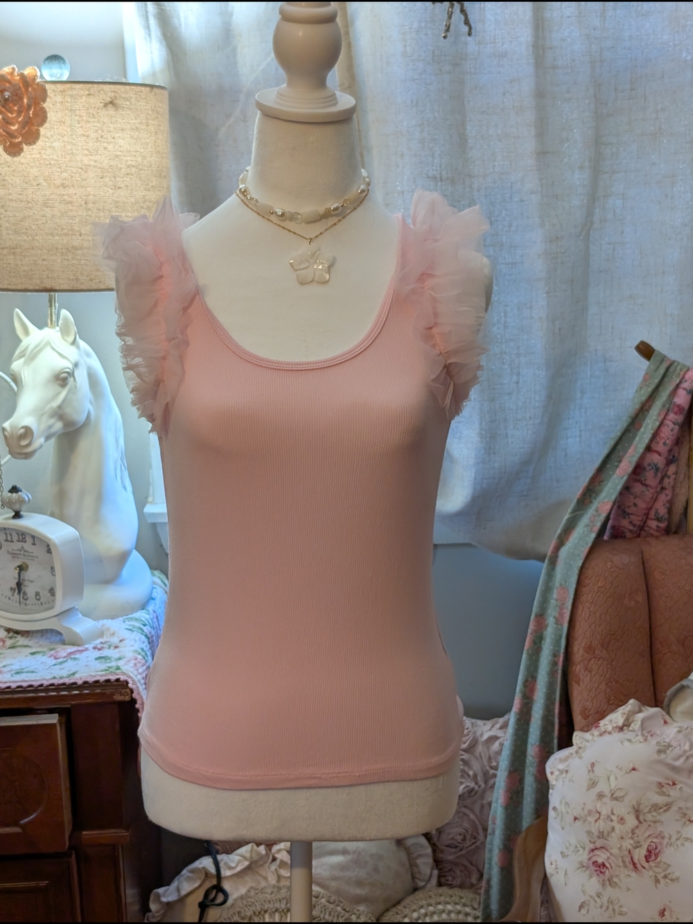 Rachel Zoe Pink Ruffled Tulle Sleeve Tank